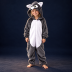 solis critter onesie kids grey wolf — Grey Wolf worn by a child on a dark navy studio background