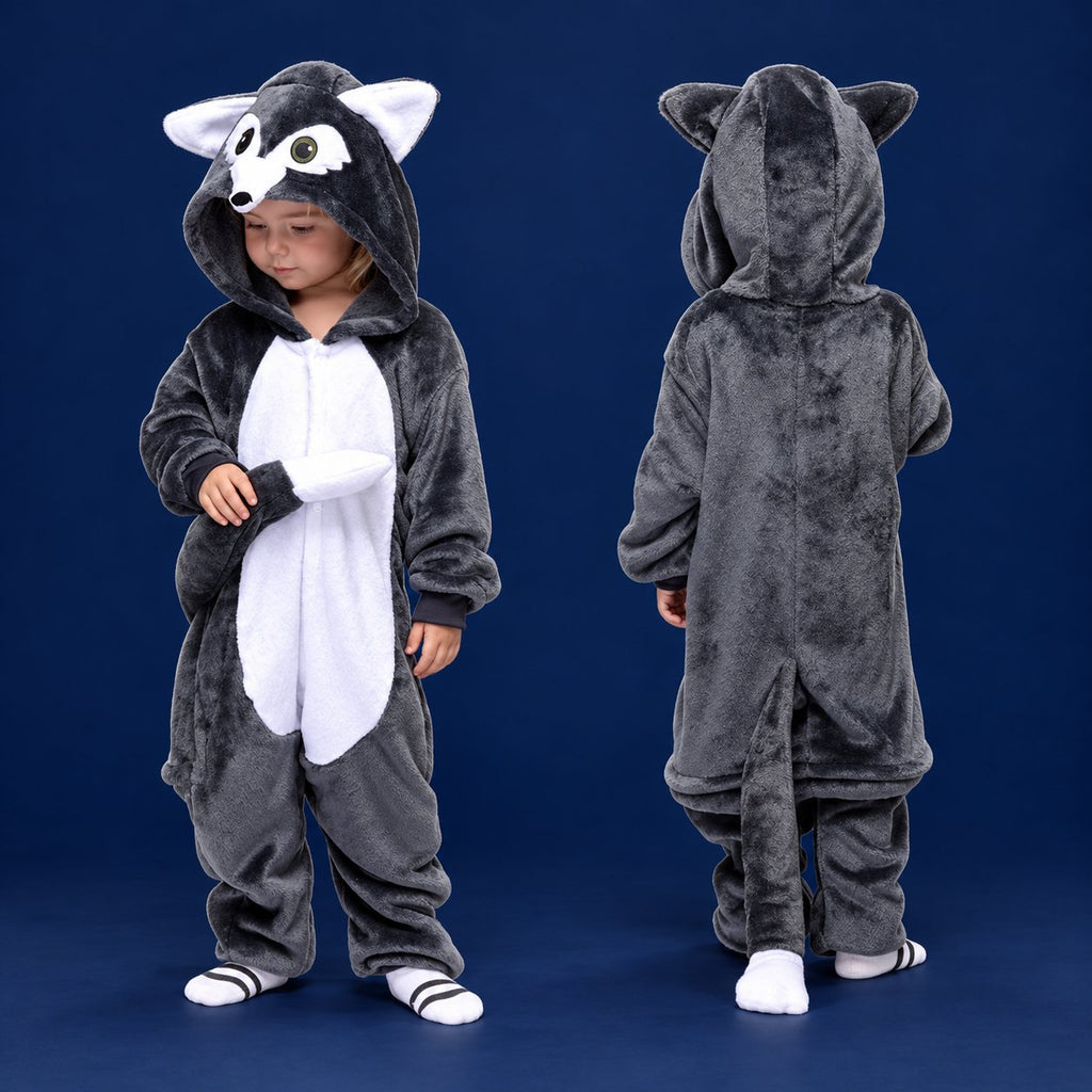 Solis Critter Onesie Kids — Grey Wolf: hooded flannel animal jumpsuit on a child