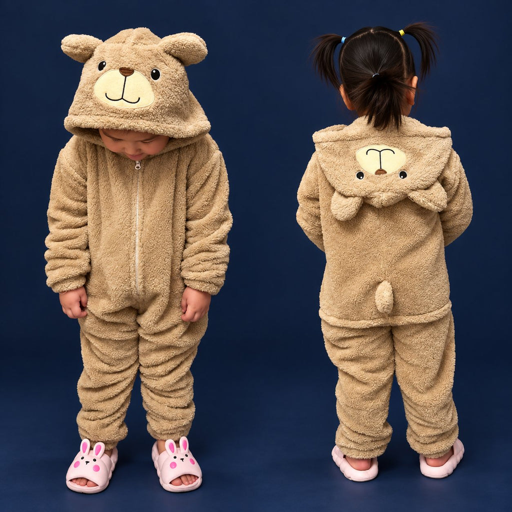 Solis Critter Onesie Kids — Lamb: hooded flannel animal jumpsuit on a child