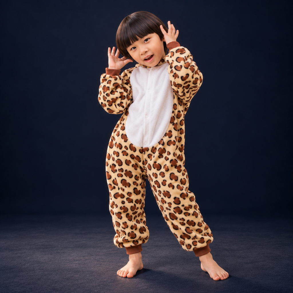 solis critter onesie kids leopard bear — Leopard Bear worn by a child on a dark navy studio background