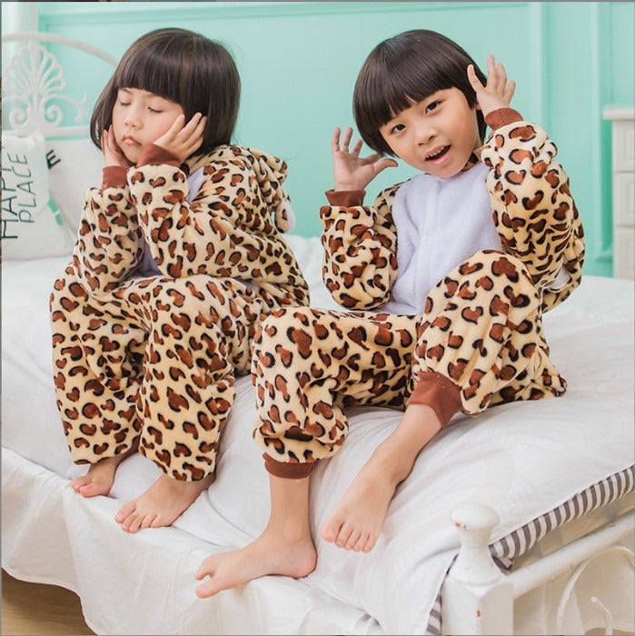 Solis Critter Onesie Kids — Leopard Bear: hooded flannel animal jumpsuit on a child