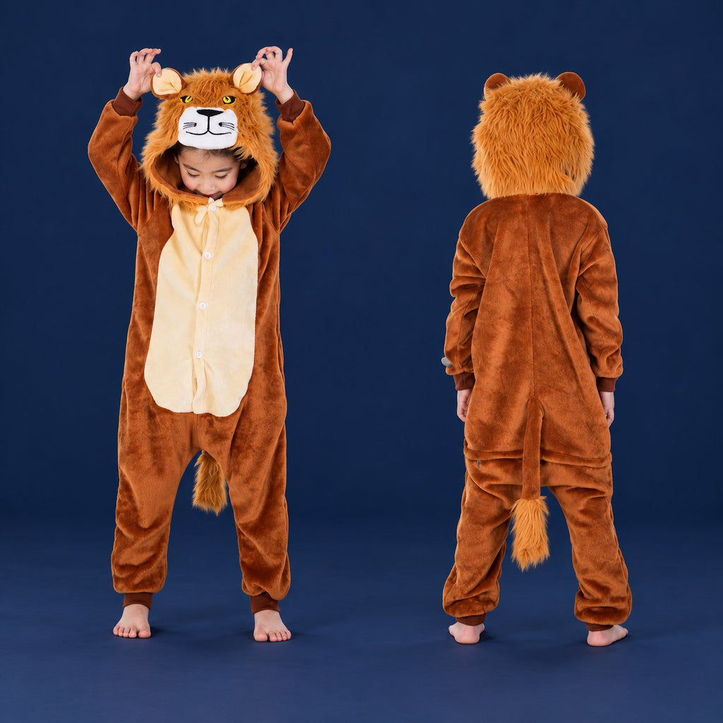 Solis Critter Onesie Kids — Lion: hooded flannel animal jumpsuit on a child