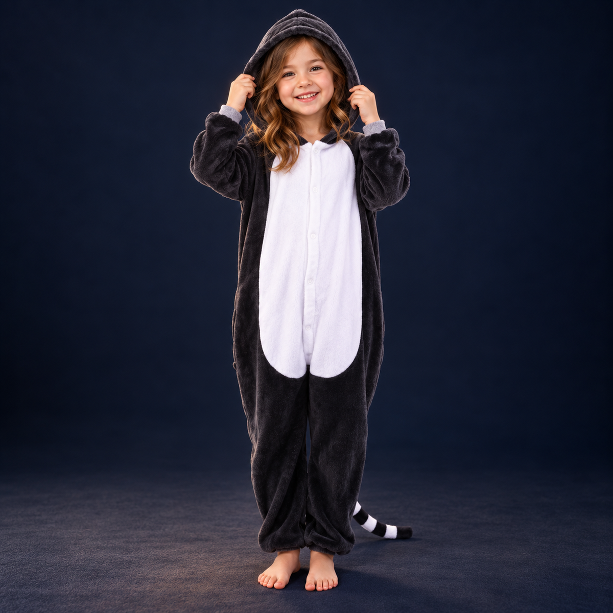 solis critter onesie kids long tail monkey — Long-Tail Monkey worn by a child on a dark navy studio background