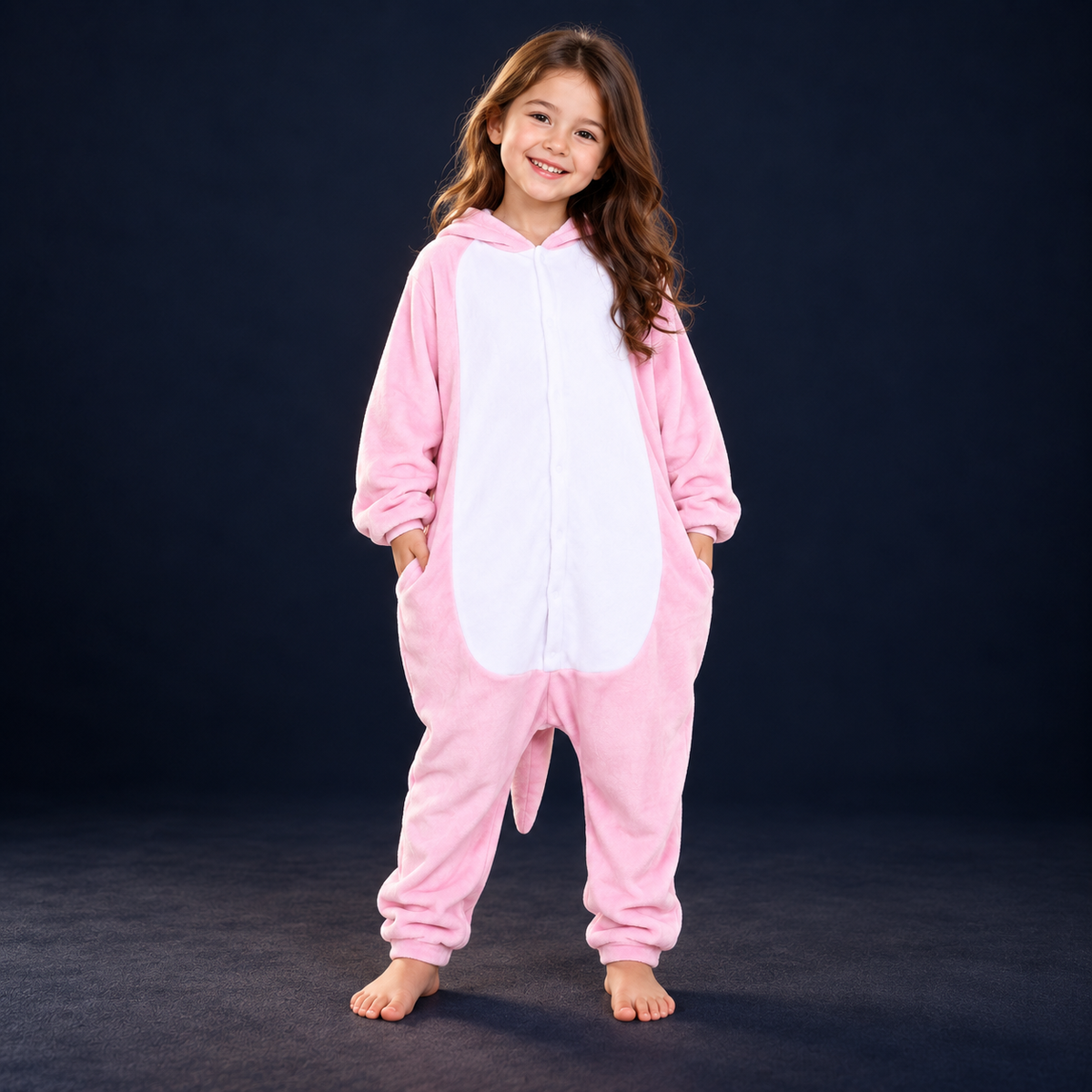 solis critter onesie kids pink dino — Pink Dino worn by a child on a dark navy studio background