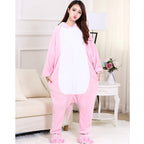 Solis Critter Onesie Kids — Pink Dino: hooded flannel animal jumpsuit (photo shows the adult version of the design; this listing is kids' sizes 100–140 cm)