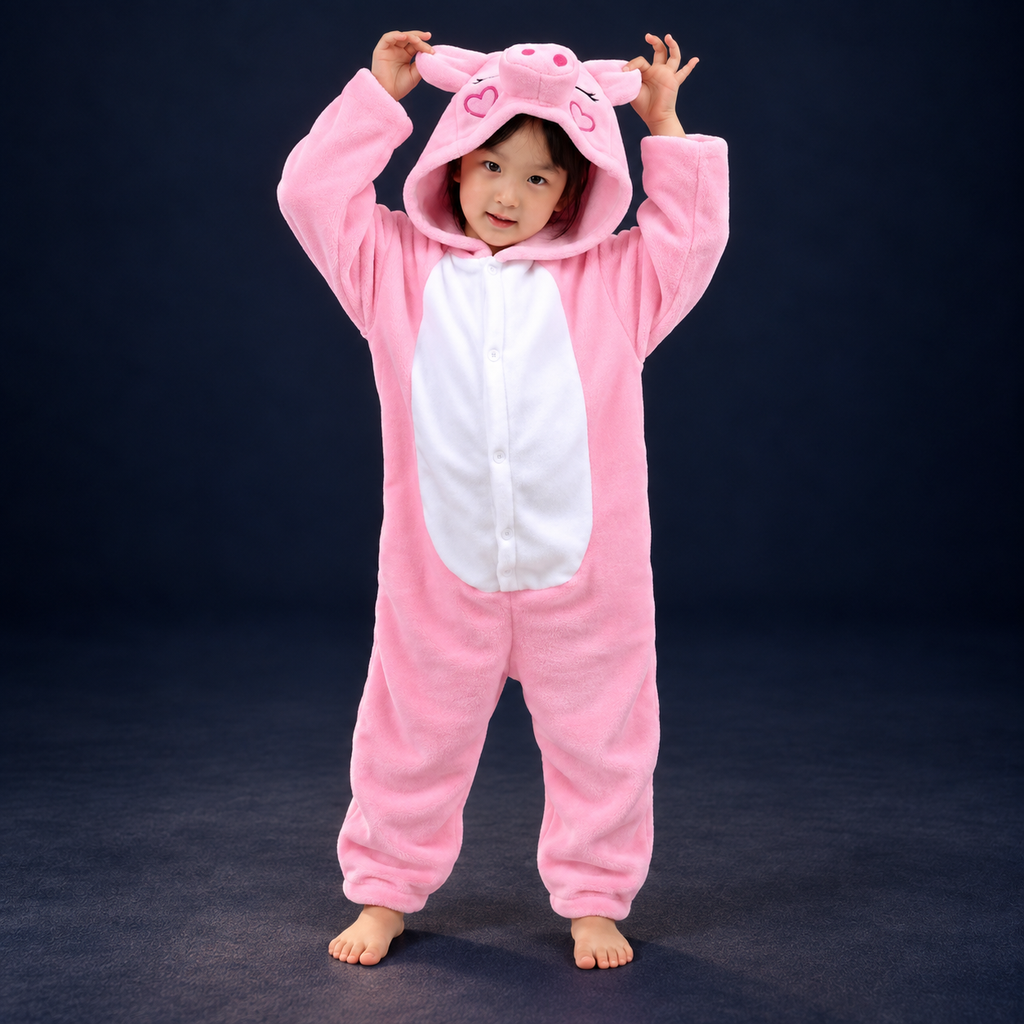 solis critter onesie kids pink pig — Pink Pig worn by a child on a dark navy studio background