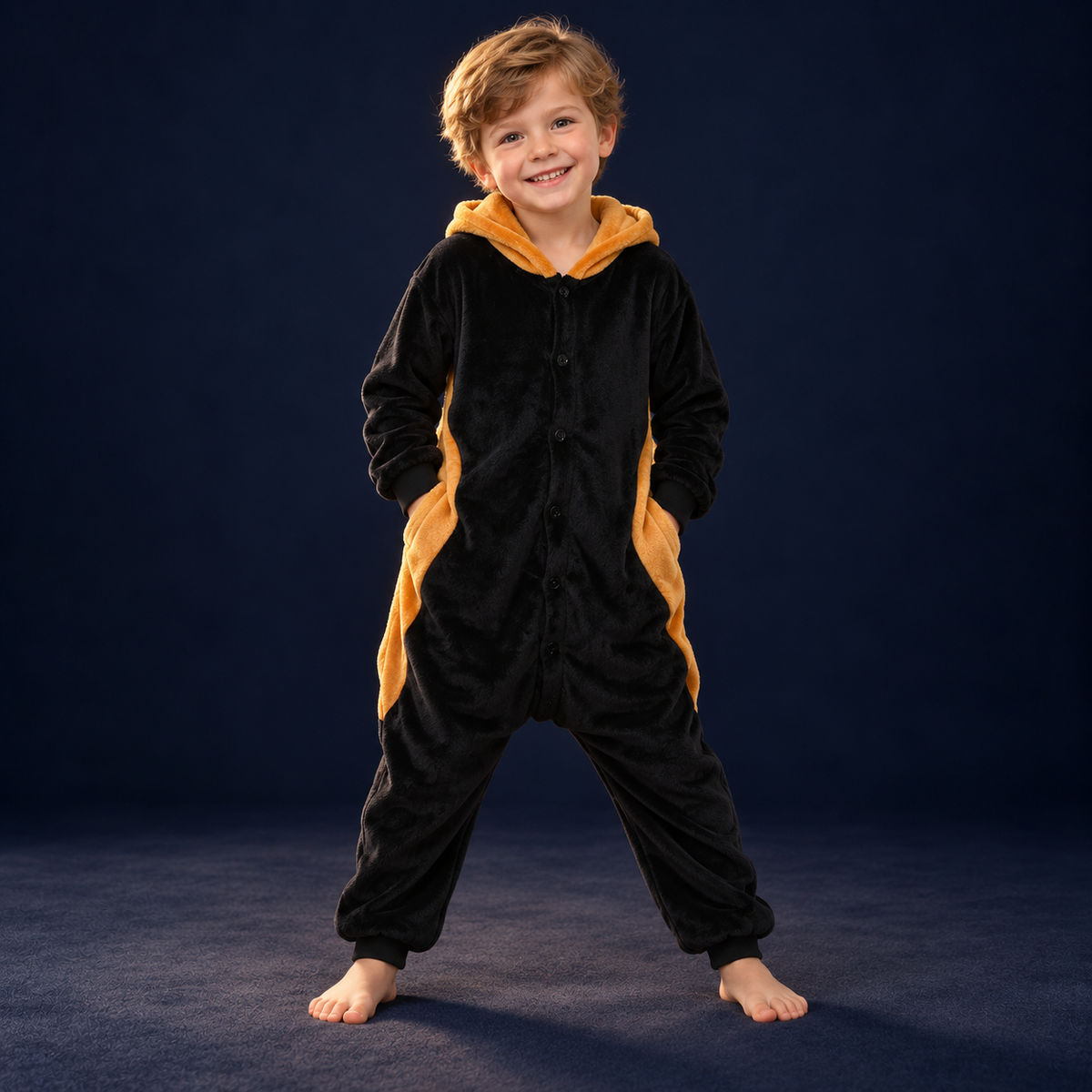 solis critter onesie kids raccoon — Raccoon worn by a child on a dark navy studio background