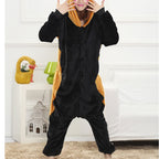 Solis Critter Onesie Kids — Raccoon: hooded flannel animal jumpsuit (photo shows the adult version of the design; this listing is kids' sizes 100–140 cm)