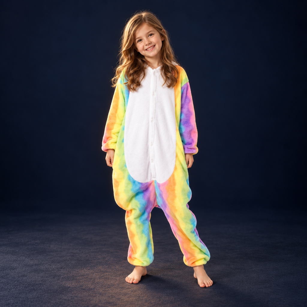 solis critter onesie kids rainbow unicorn — Rainbow Unicorn worn by a child on a dark navy studio background