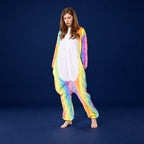Solis Critter Onesie Kids — Rainbow Unicorn: hooded flannel animal jumpsuit (photo shows the adult version of the design; this listing is kids' sizes 100–140 cm)