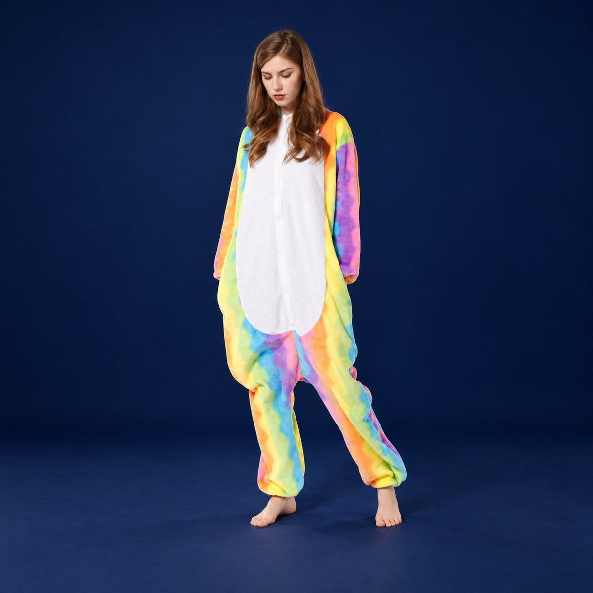 Solis Critter Onesie Kids — Rainbow Unicorn: hooded flannel animal jumpsuit (photo shows the adult version of the design; this listing is kids' sizes 100–140 cm)