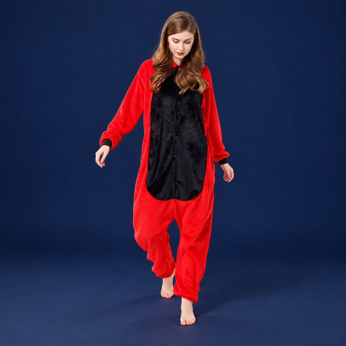 Solis Critter Onesie Kids — Red Dino: hooded flannel animal jumpsuit (photo shows the adult version of the design; this listing is kids' sizes 100–140 cm)