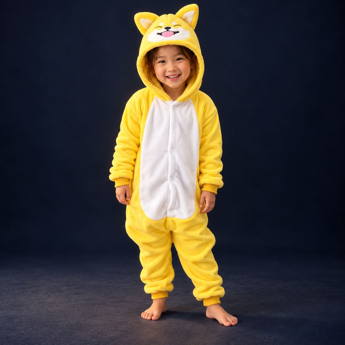 solis critter onesie kids shiba — Shiba worn by a child on a dark navy studio background
