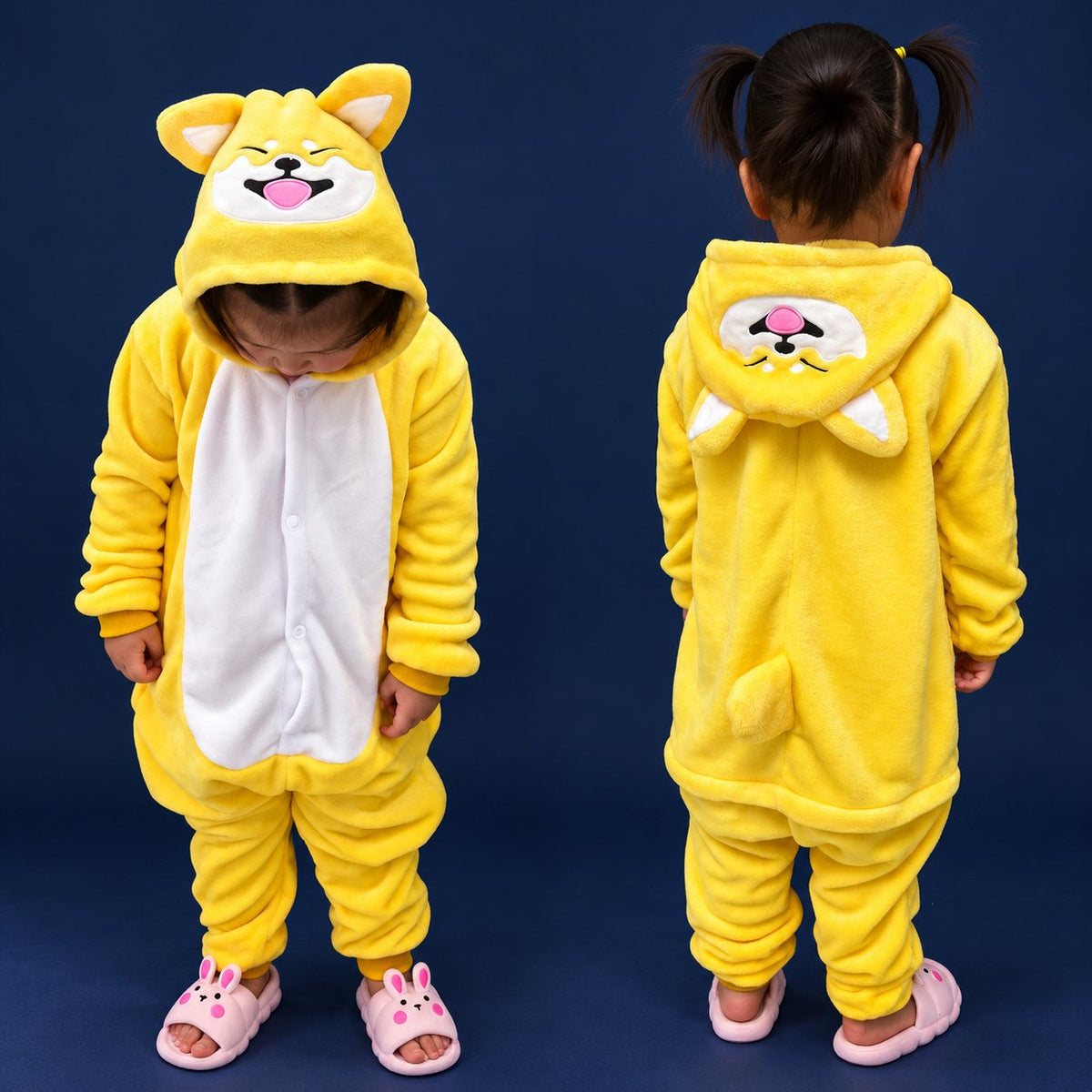 Solis Critter Onesie Kids — Shiba: hooded flannel animal jumpsuit on a child