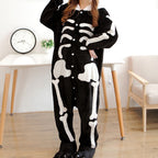 Solis Critter Onesie Kids — Skeleton: hooded flannel animal jumpsuit (photo shows the adult version of the design; this listing is kids' sizes 100–140 cm)