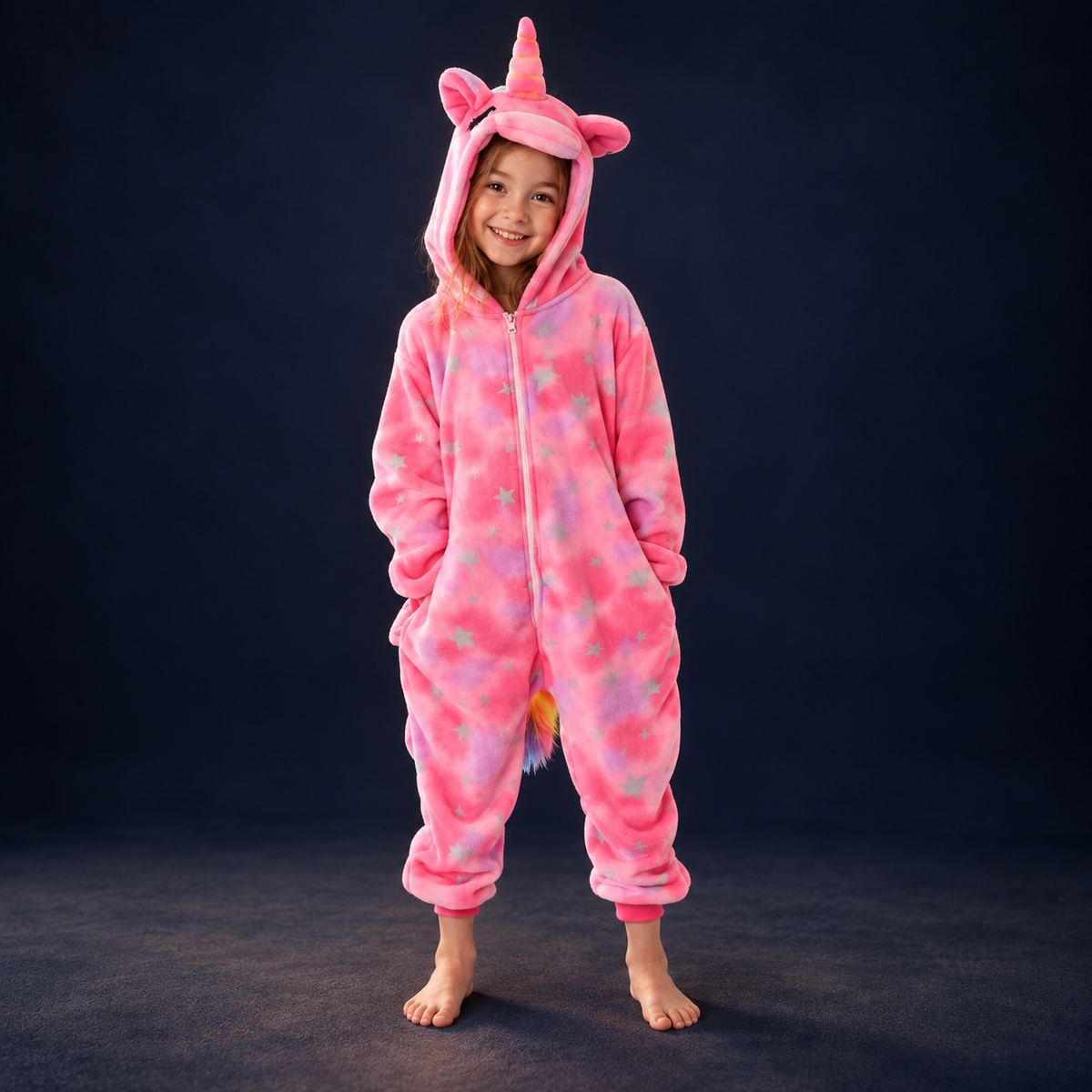 solis critter onesie kids sleepy unicorn — Sleepy Unicorn worn by a child on a dark navy studio background