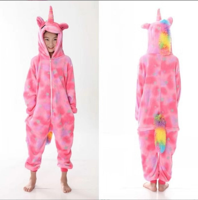 Solis Critter Onesie Kids — Sleepy Unicorn: hooded flannel animal jumpsuit on a child