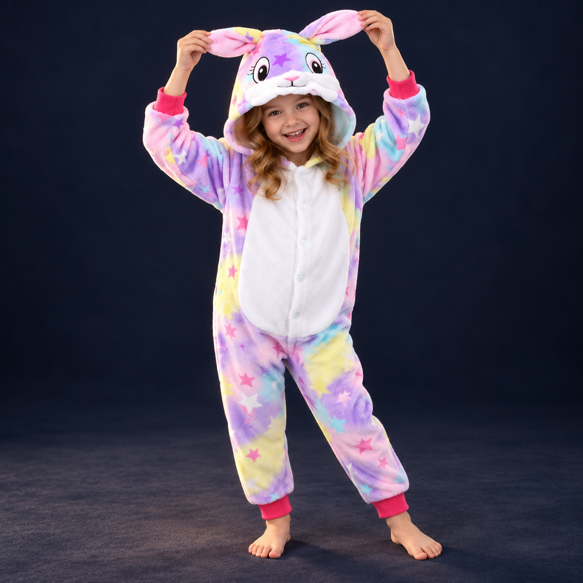 solis critter onesie kids star bunny — Star Bunny worn by a child on a dark navy studio background