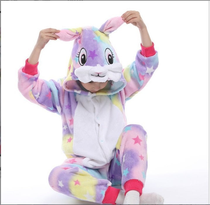 Solis Critter Onesie Kids — Star Bunny: hooded flannel animal jumpsuit on a child