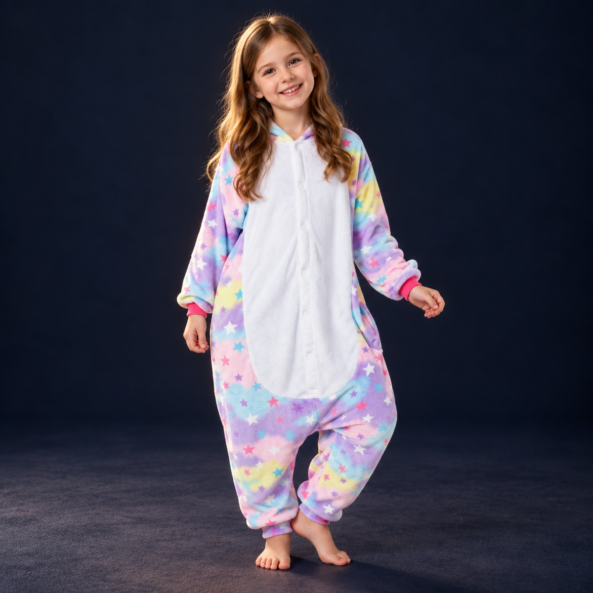 solis critter onesie kids star unicorn — Star Unicorn worn by a child on a dark navy studio background