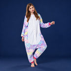 Solis Critter Onesie Kids — Star Unicorn: hooded flannel animal jumpsuit (photo shows the adult version of the design; this listing is kids' sizes 100–140 cm)
