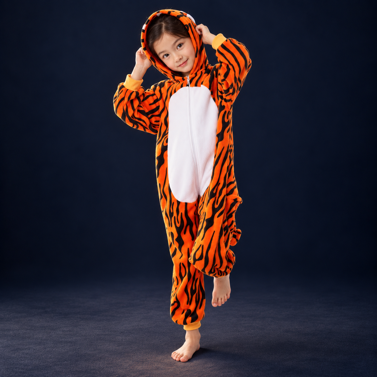 solis critter onesie kids tiger — Tiger worn by a child on a dark navy studio background