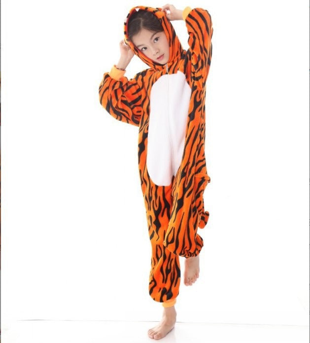 Solis Critter Onesie Kids — Tiger: hooded flannel animal jumpsuit on a child