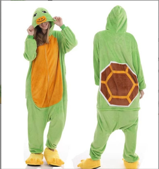 Solis Critter Onesie Kids — Turtle: hooded flannel animal jumpsuit (photo shows the adult version of the design; this listing is kids' sizes 100–140 cm)