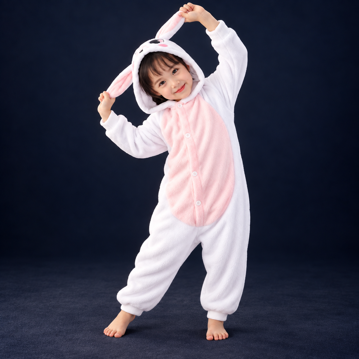 solis critter onesie kids white bunny — White Bunny worn by a child on a dark navy studio background