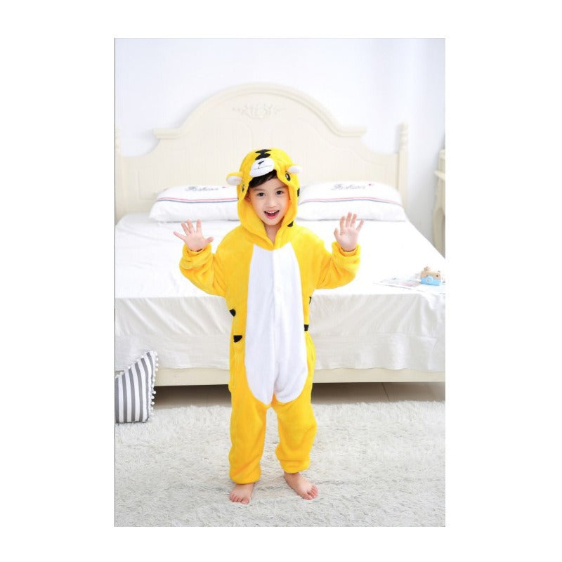 Solis Critter Onesie Kids — Yellow Tiger: hooded flannel animal jumpsuit on a child