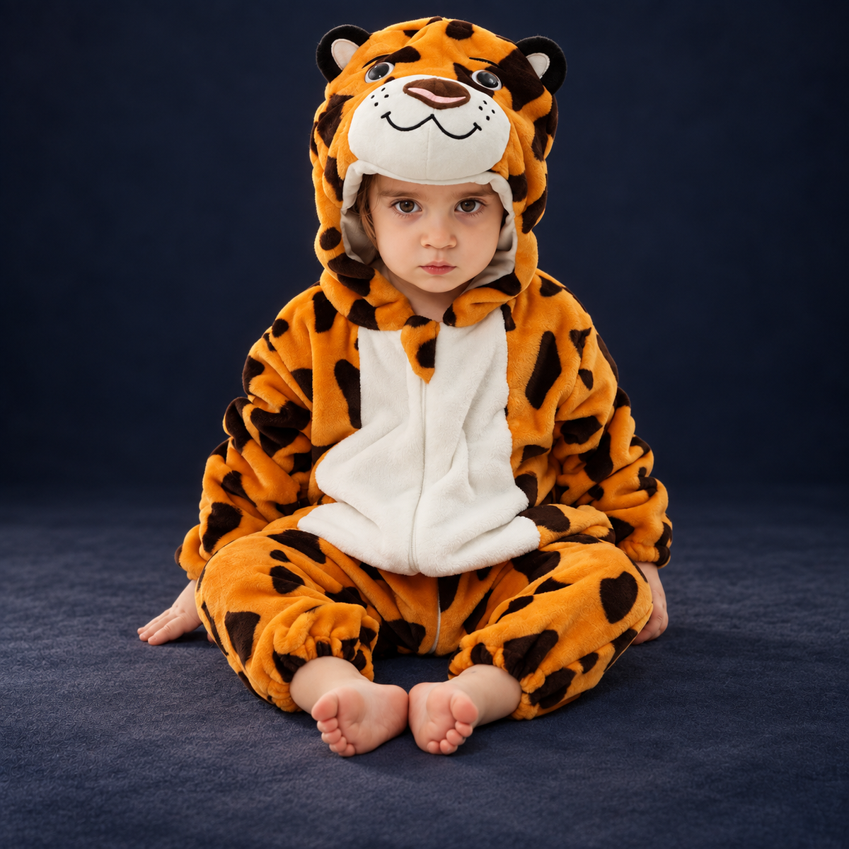 solis critter onesie leopard — Leopard worn by a child on a dark navy studio background