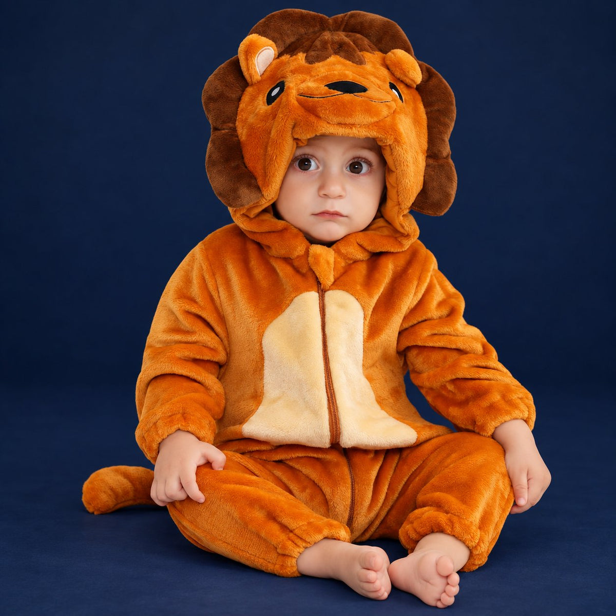 Solis Critter Onesie — Lion: flannel hooded animal romper worn by a baby