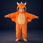solis critter onesie orange dragon — Orange Dragon worn by a child on a dark navy studio background