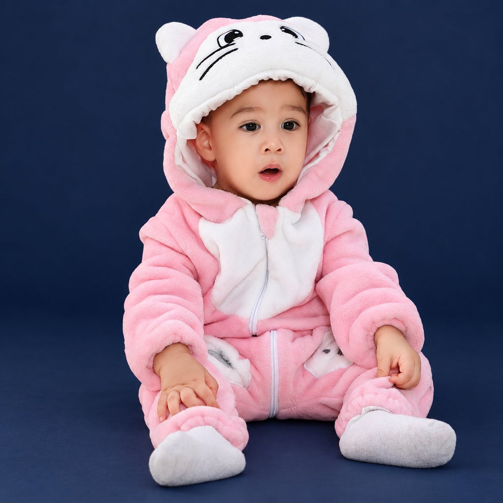 Solis Critter Onesie — Pink & White Cat: flannel hooded animal romper worn by a baby