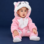 Solis Critter Onesie — Pink & White Cat: flannel hooded animal romper worn by a baby