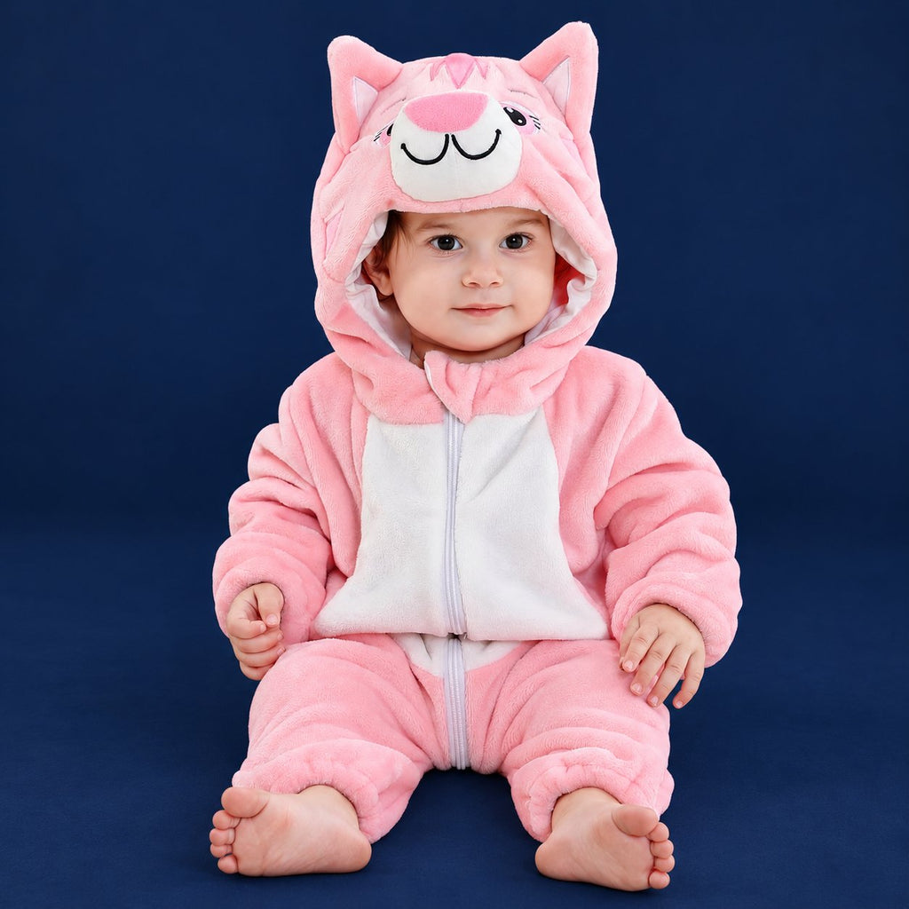 Solis Critter Onesie — Pink Cat: flannel hooded animal romper worn by a baby