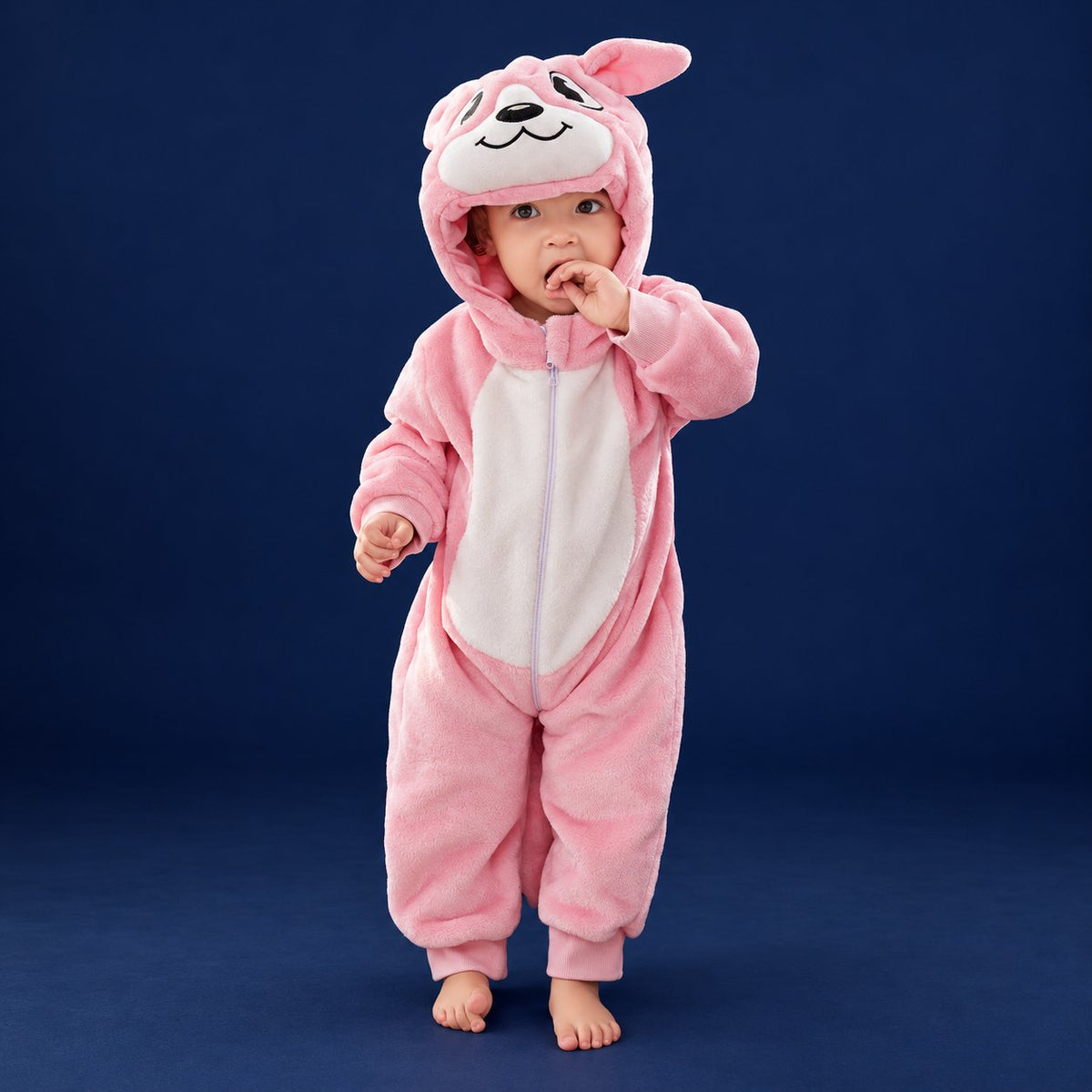Solis Critter Onesie — Pink Kangaroo: flannel hooded animal romper worn by a baby