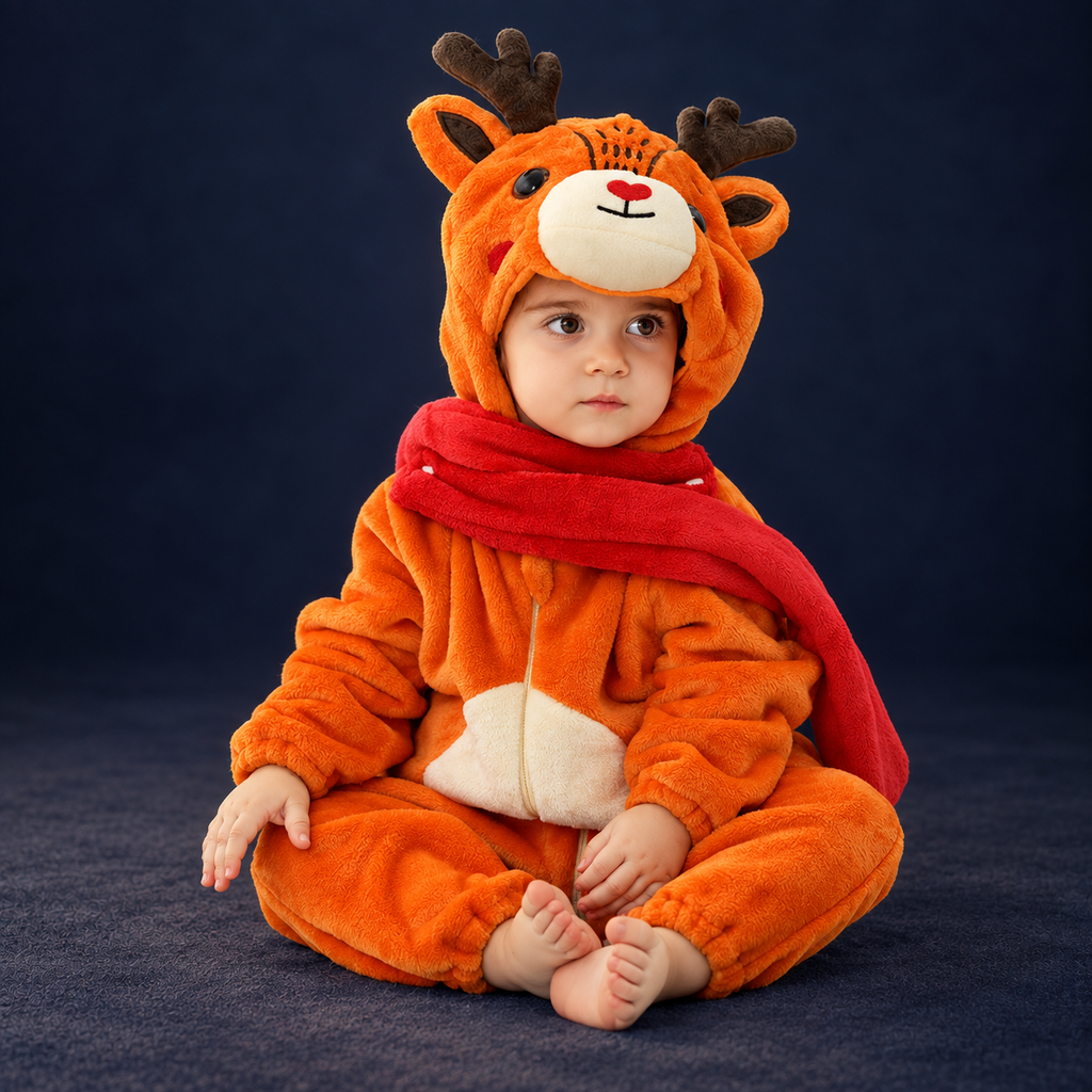 solis critter onesie reindeer — Reindeer worn by a child on a dark navy studio background