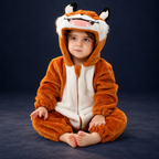 solis critter onesie smiling tiger — Smiling Tiger worn by a child on a dark navy studio background