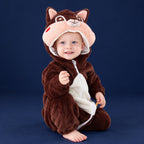 Solis Critter Onesie — Squirrel: flannel hooded animal romper worn by a baby