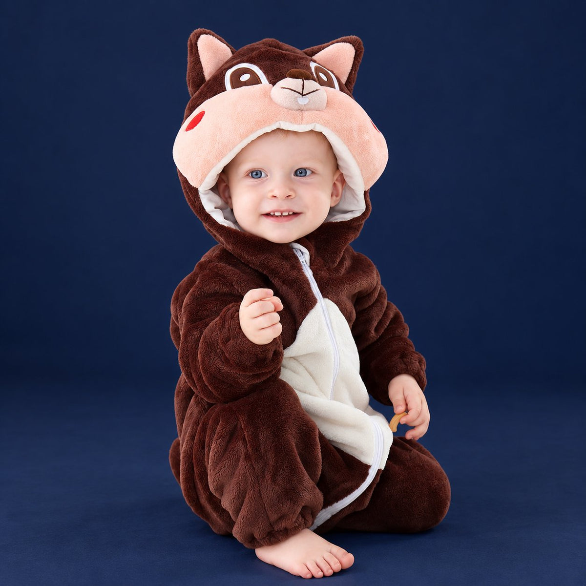 Solis Critter Onesie — Squirrel: flannel hooded animal romper worn by a baby