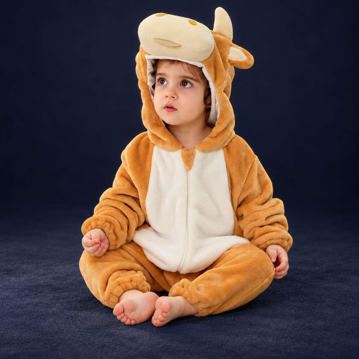 solis critter onesie yellow calf — Yellow Calf worn by a child on a dark navy studio background