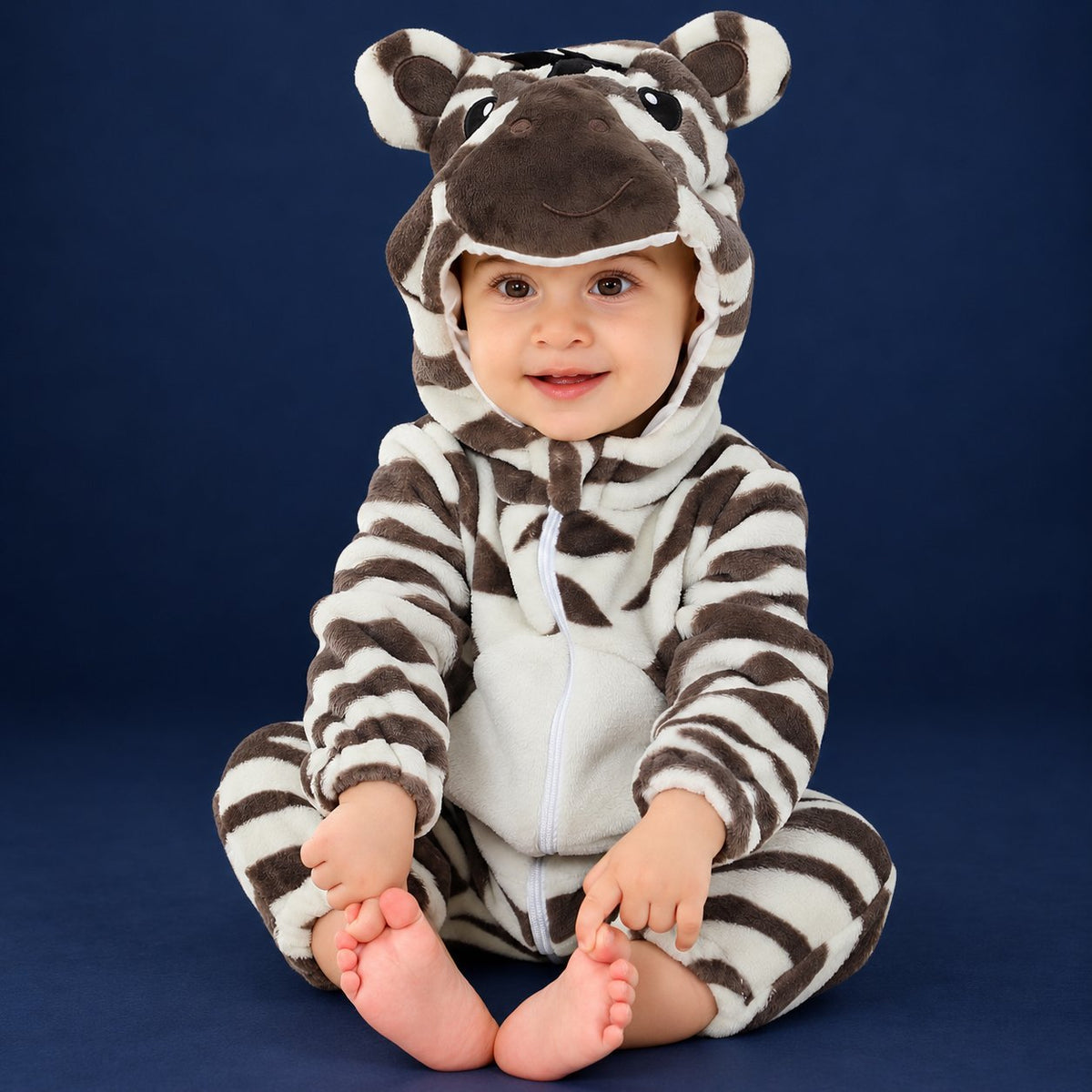 Solis Critter Onesie — Zebra: flannel hooded animal romper worn by a baby
