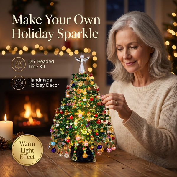 Solis Crystal Pine — woman finishing a glowing beaded crystal Christmas tree by the fireplace