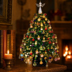 Solis Crystal Pine — Classic Christmas beaded tree with warm-white lights on a mantel by candlelight