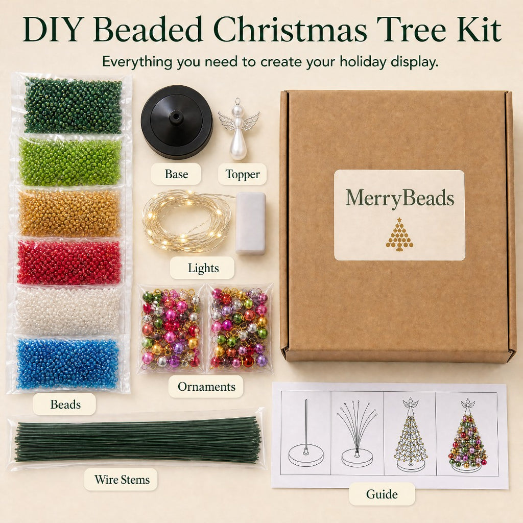 Solis Crystal Pine — beaded Christmas tree kit contents: beads, ornaments, wire stems, lights, base, topper, guide