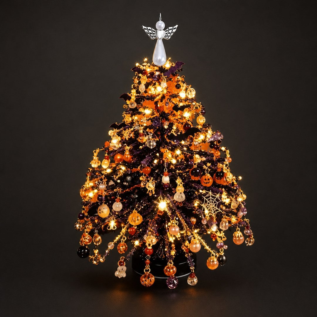 Solis Crystal Pine — Halloween Glow beaded tree in orange, black and purple with pumpkin charms