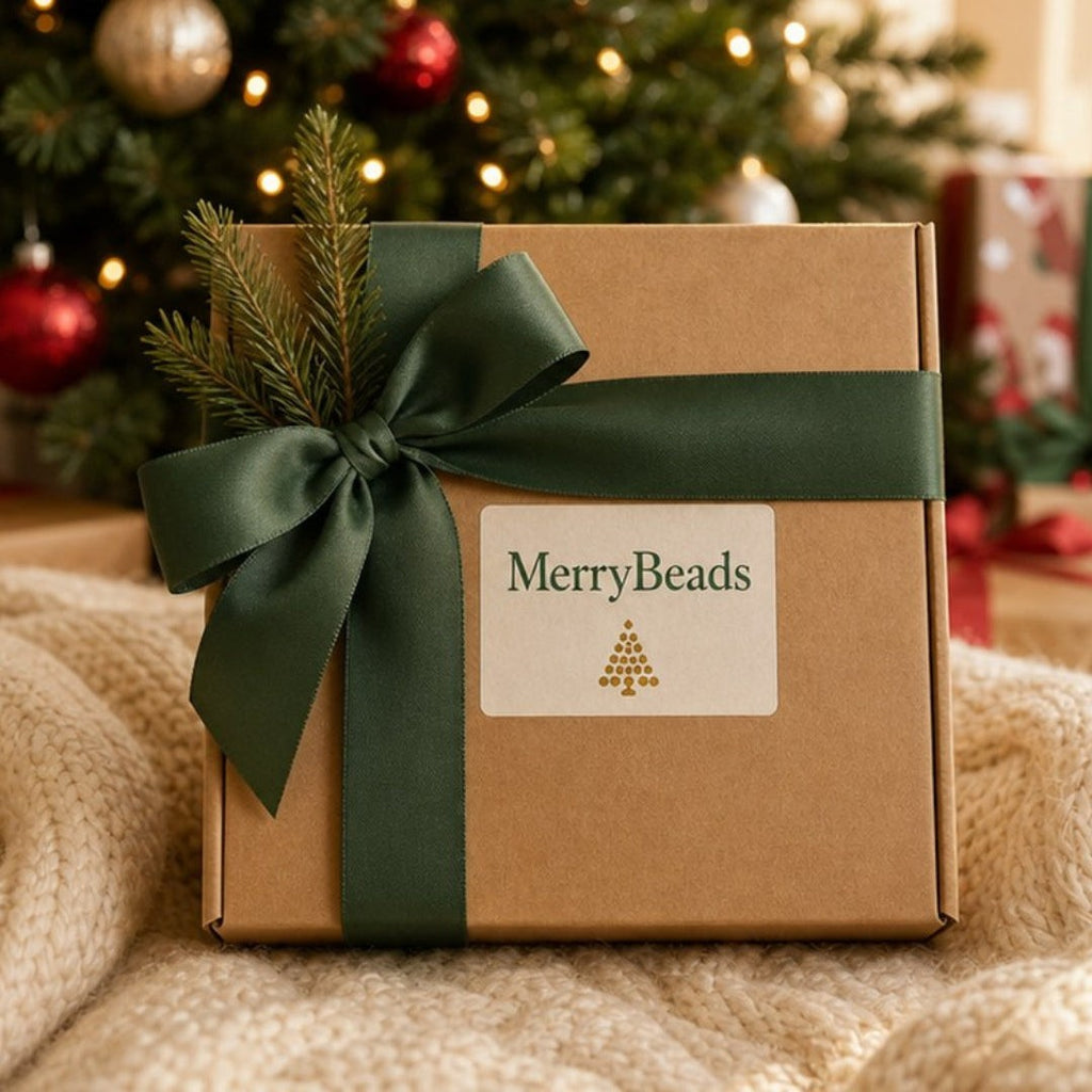 Solis Crystal Pine — beaded Christmas tree kit in a gift box with a green ribbon
