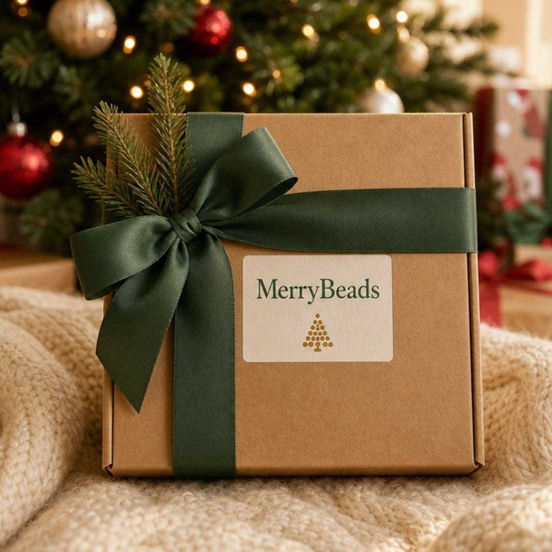 Solis Crystal Pine — beaded Christmas tree kit in a gift box with a green ribbon