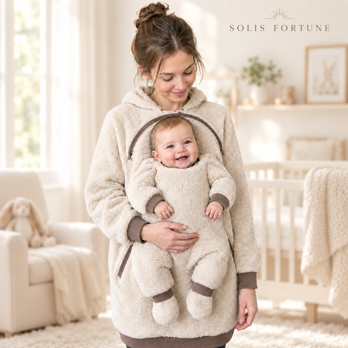 Solis Cuddle — mother wearing the hoodie with her baby zipped into the front